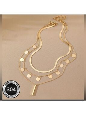Gold Layered Discs And Bar Necklace -Polished Gold & Stainless Steel